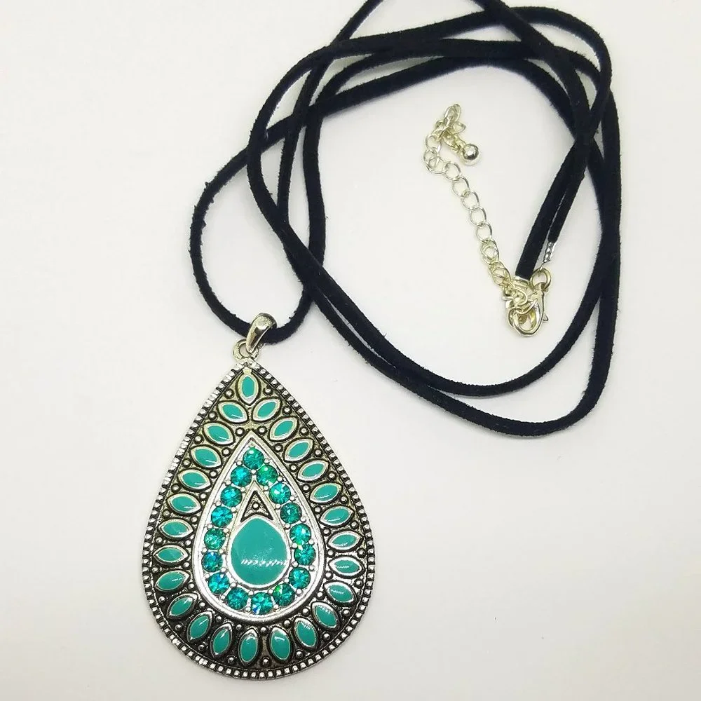 Turquoise Blue Rhinestone & Enamel Accent Silver Teardrop Southwest SW Necklace